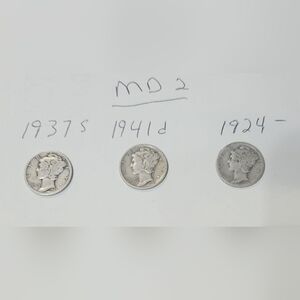 Md2 Set of 3 Silver Mercury Dimes: 1924, 1937 s & 1941 d